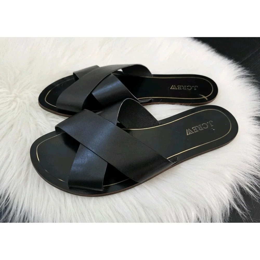 J. Crew Cypress Criss Cross Sandals Slides Women's size 9 Black Leather